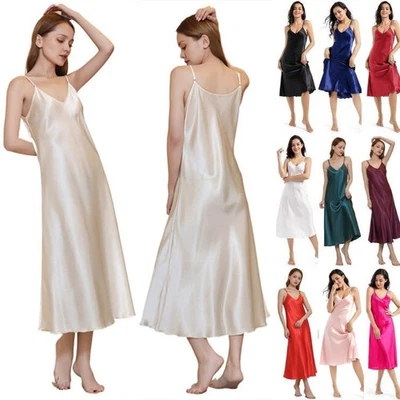 JAZJOZ UK Ladies Satin Nightdress Straps Chemise Slip Sexy V Neck Nightshirts Nightgown