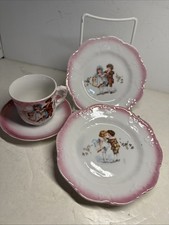 Antique German Porcelain Childs Tea Cup Saucer 2 Plates Boy Girl Pink Edge