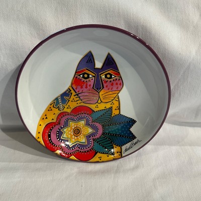 Laurel Burch Trinket Plate Dish Small 5 Inch Carlotta Cat Ceramic colorful Vtg