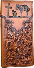 Western Leather Long Wallet Cowboy Praying At Cross Embossed Floral Brown Coffee