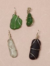 Lot of 4 Handmade Wire Wrapped Sea Glass Style Pendants Green  Brown Gold Tone