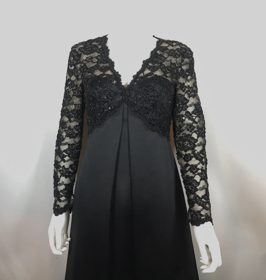 Vestido Largo BlackTie Oleg Cassini Negro Encaje Secuencia y Satén Talla 6 RN62313 Foto 3 de 4