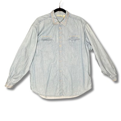 Northern Reflections Embroidered Button Up Long Sleeve Denim Shirt Women Large
