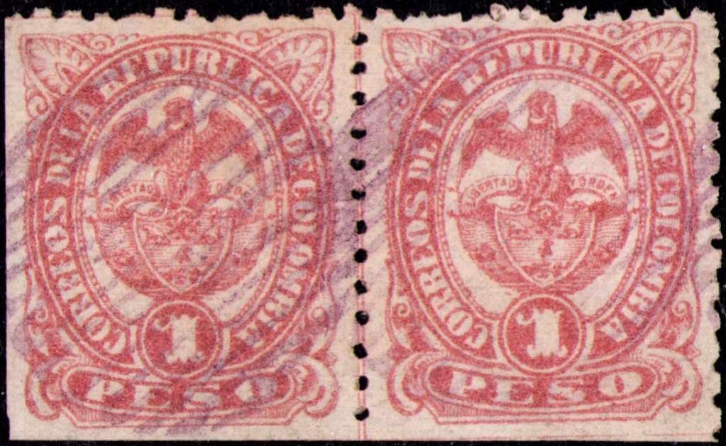 COLOMBIA - 1 PESO MARGINAL PAIR - IMPERF USED ERROR - Sc 136v - 1888 RRR