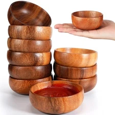 Skylety 10 Pcs Acacia Wooden Bowls Small Calabash Bowls Round Wood Salad Hand