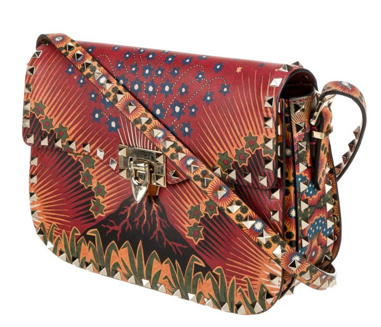 Borsa a tracolla Valentino Rockstud Volcano in pelle di vitello con patta rossa prezzo al pubblico consigliato $4.000