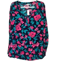 Talbots Womens 1X Floral Long Sleeve Popover Tunic Top Blouse Blue Pink Green