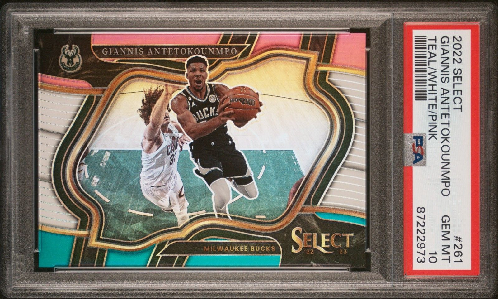2022 Panini Select Giannis Antetokounmpo Courtside /49 White Teal Pink PSA 10