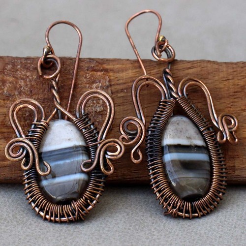 Copper Wire-Wrapped Banded Black Onyx Huge Earrings Jewelry Size 2.4" JW