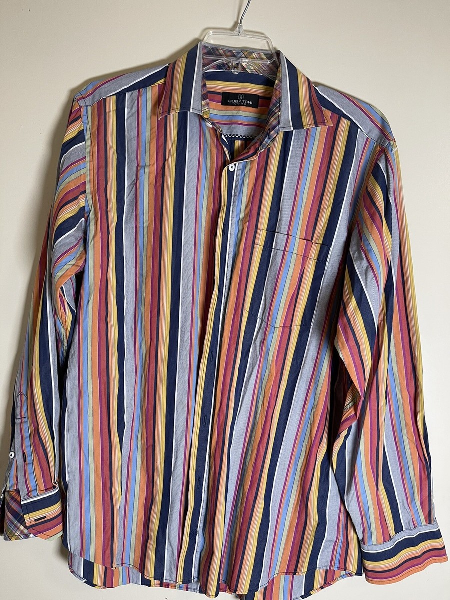 Bugatchi UOMO Men’s Colorful Button Down Dress Shirt XL Striped Design Cuffs