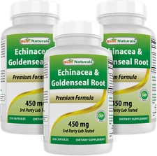 3 Pack Best Naturals Echinacea Goldenseal 450 mg 250 Capsules 
