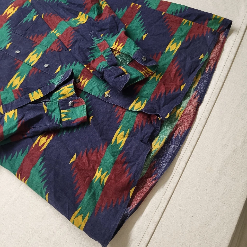 Vintage Globe Trotter Shirt Mens Large Blue Button Up Southwestern Aztec Cotton - Image 4 of 4