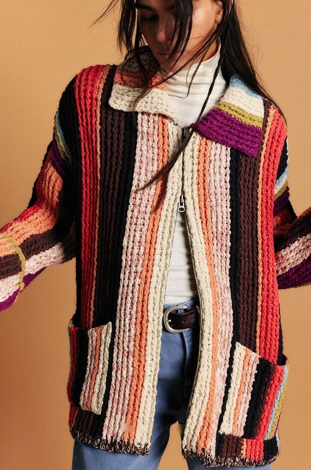 Suéter Cardi Free People Everything Peso Pesado Rayas Bolsillos con Cremallera S NUEVO Foto 3 de 4