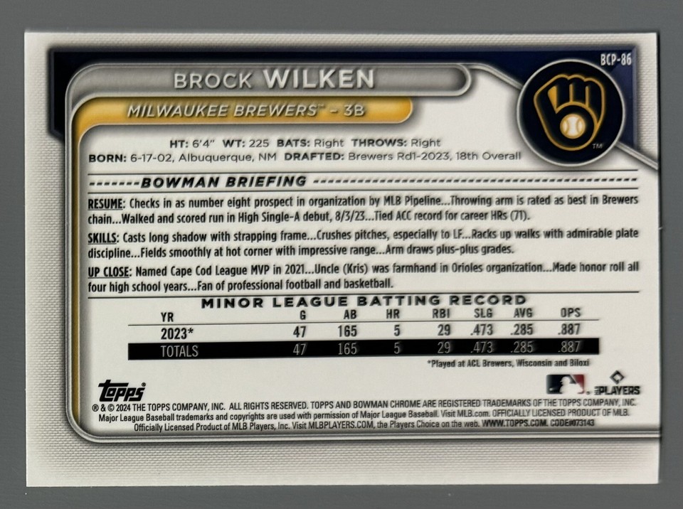 2024 Bowman Chrome Brock Wilken Lunar Glow Refractor 1st Bowman BCP86