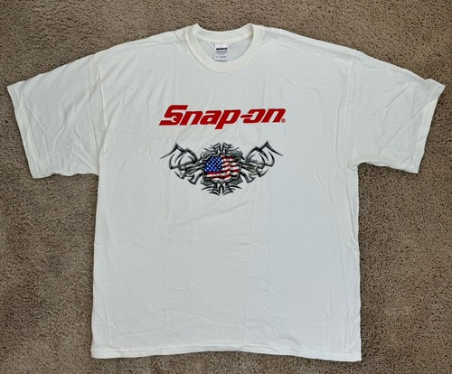 Vtg Snap On Tools T Shirt Mens XXL White Script W/American Flag Over Shield NOS - Picture 2 of 16