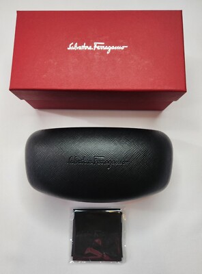 SALVATORE FERRAGAMO LARGE BLACK TEXTURED SUNGLASS CASE w RED BOX CLEANING CLOTH