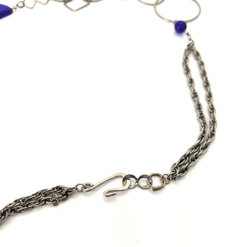 Artisan Necklace Sterling Silver Lapis Blue Colored Geometric Shapes Vtg 19" - Picture 4 of 6