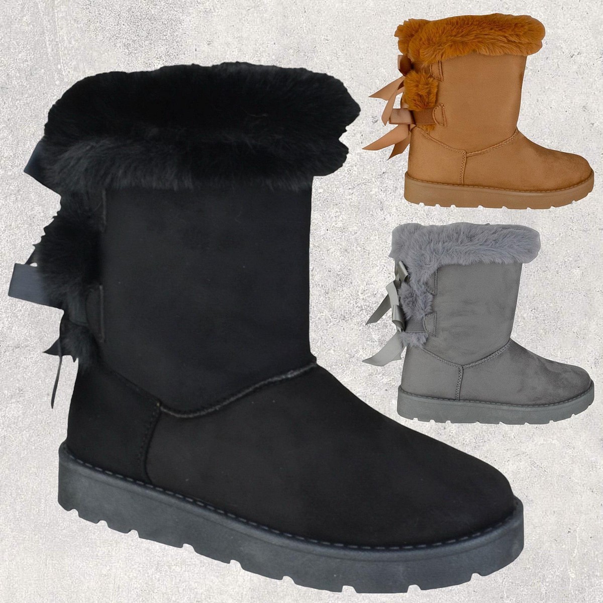 NEW WOMENS LADIES WINTER WARM FAUX FUR SLIP ON SNUG BOW ANKLE BOOTS SHOE  SIZE