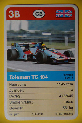 Ayrton Senna - 1985 German Schmid Supertrumpf card - 1984 Toleman TG184 - Rookie