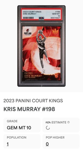 ๐PSA 10:POP 1๐ 2023 Court Kings #198 Kris Murray Rookies IV Trail Blazers RC - Picture 2 of 2