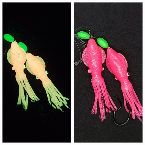 Hi-Lo 30 lb Fishing Rig 2 Hooks Bait 2.5" GLOW B2 Squid Teasers Fluke Sea Bass