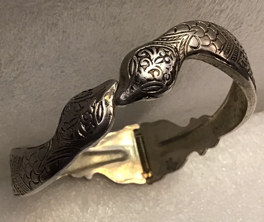 Victorian Double Snake Bracelet Hinged Silver Tone Gem