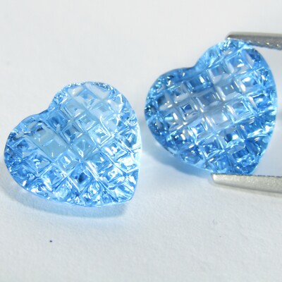 13.82Ct Elegants Natural Swizz Blue Topaz Heart Shape Carving Matching Pair