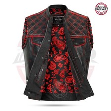 BlackTop Diamond Leather Motorbike Vest, Concealed Red Motorcycle Waistcoat