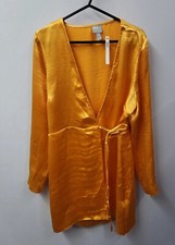 Asos Womens Satin Ladies Knee Length Wrap Tie Dress Size Uk 10 Yellow V-Neck
