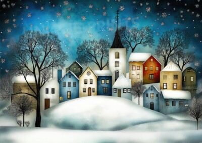 Winterdorf Szene Kunstdruck - Magische Schneestadt Nachthimmel Wandbild