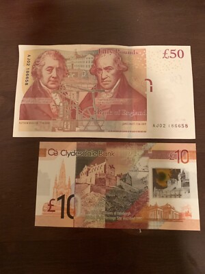 SCOTLAND 10 Clydesdale Bank + 50 England Pound Banknotes. 60 Pound