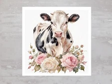 French Chic Pink Roses Farmers Cow Fabric Panel Craft Sewing Quilt Block A387