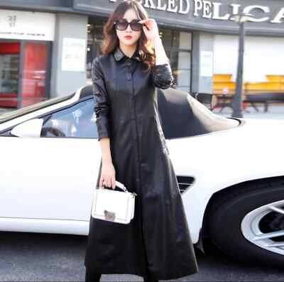 Women s Black Leather Dress Coat Real Lambskin Elegant Stylish Long Dress Coat