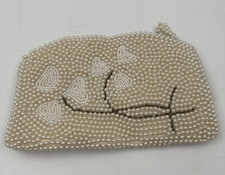 Vintage Faux Beige Pearls Beaded Zipper Clutch Purse Made in Japan