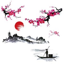 Large Japanese Wall Decor Stickers, BWCXXZH Red Cherry Blossom Tree Wall Mura...