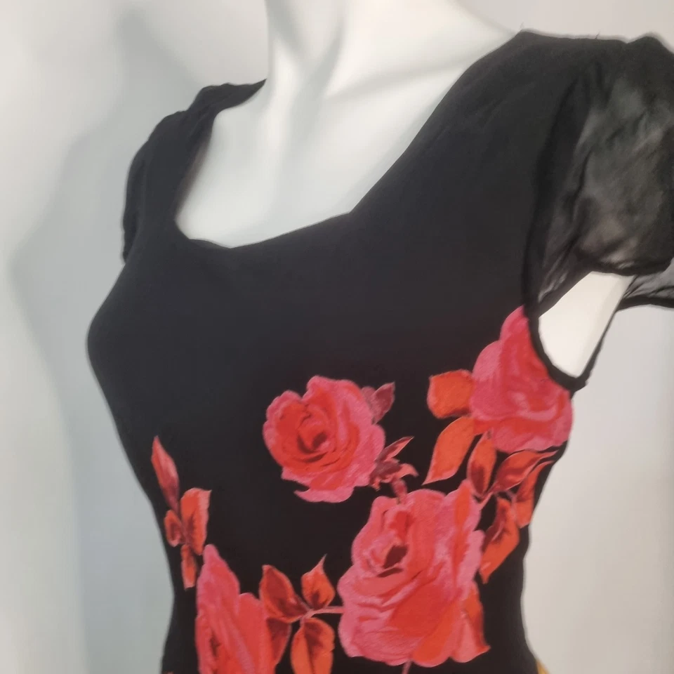 Vintage Anos 90 Y2K Corte Viés Midi Preto Vermelho Floral Cap Manga Gótica Transparente Semi Formal GG - Imagem 4 de 4