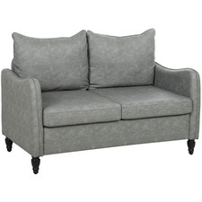 Two-Seater Sofa Grey Marble PU Leather 135cm Small Boxy Padded Modern Wood Legs