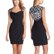 Xscape Black Cocktail Dress Silver Sequin Back Cap Sleeves Sz 6 NWOT