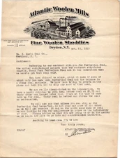 1919 Atlantic Woolen Mills Typed Letterhead Dryden NY Coal Contract
