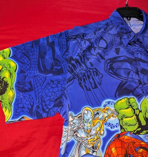 Vtg Y2K Marvel Comics All Over Print Superheroes Button-Up Shirt 2001 ...