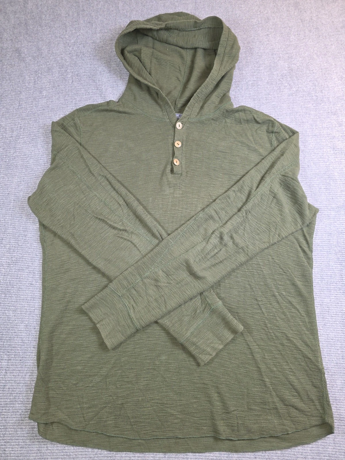 Vince Mens Green Textured 100% Cotton Thermal Lightweight Henley Hoodie XL