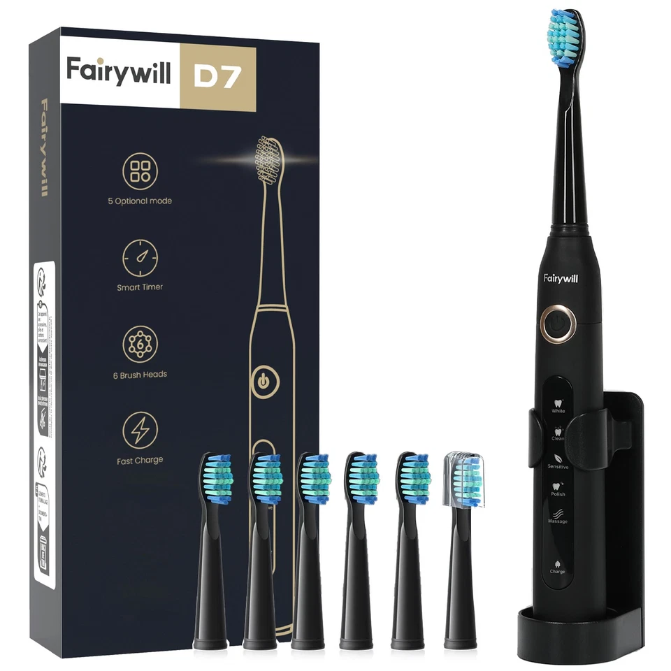 Fairywill Electric Toothbrush Rechargeable Black 5 Modes 6 Brush Heads Travel