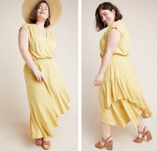 Anthropologie Maeve Fete Midi Dress Faux Wrap V Neck Women’s XL Yellow Printed