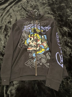 Ed Hardy Men's Graphic Print Full Zip Hooded Hoodie Black Size M