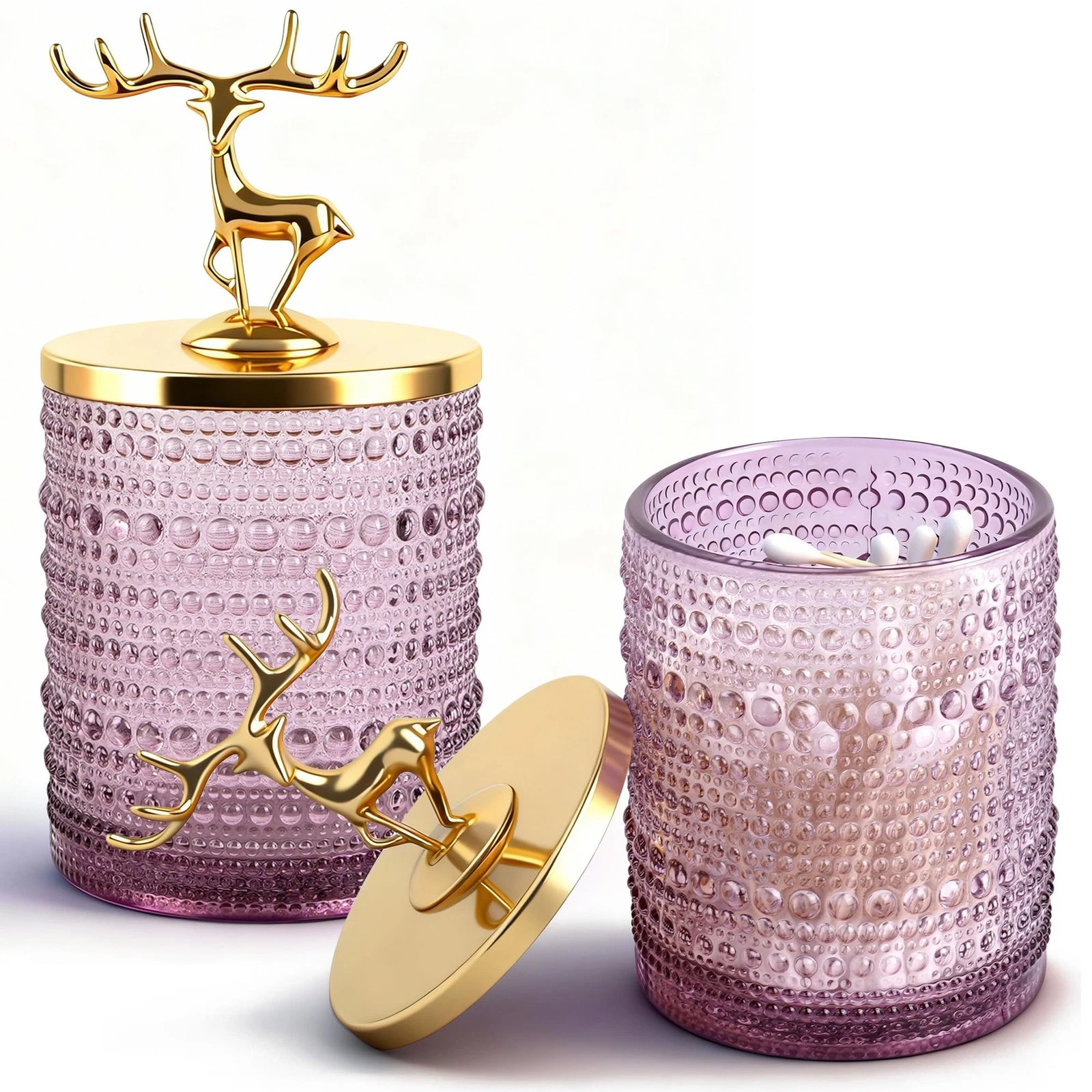 2 Set Purple Glass Cotton Swab Jars with Gold Lids – Vanity Countertop Organi...