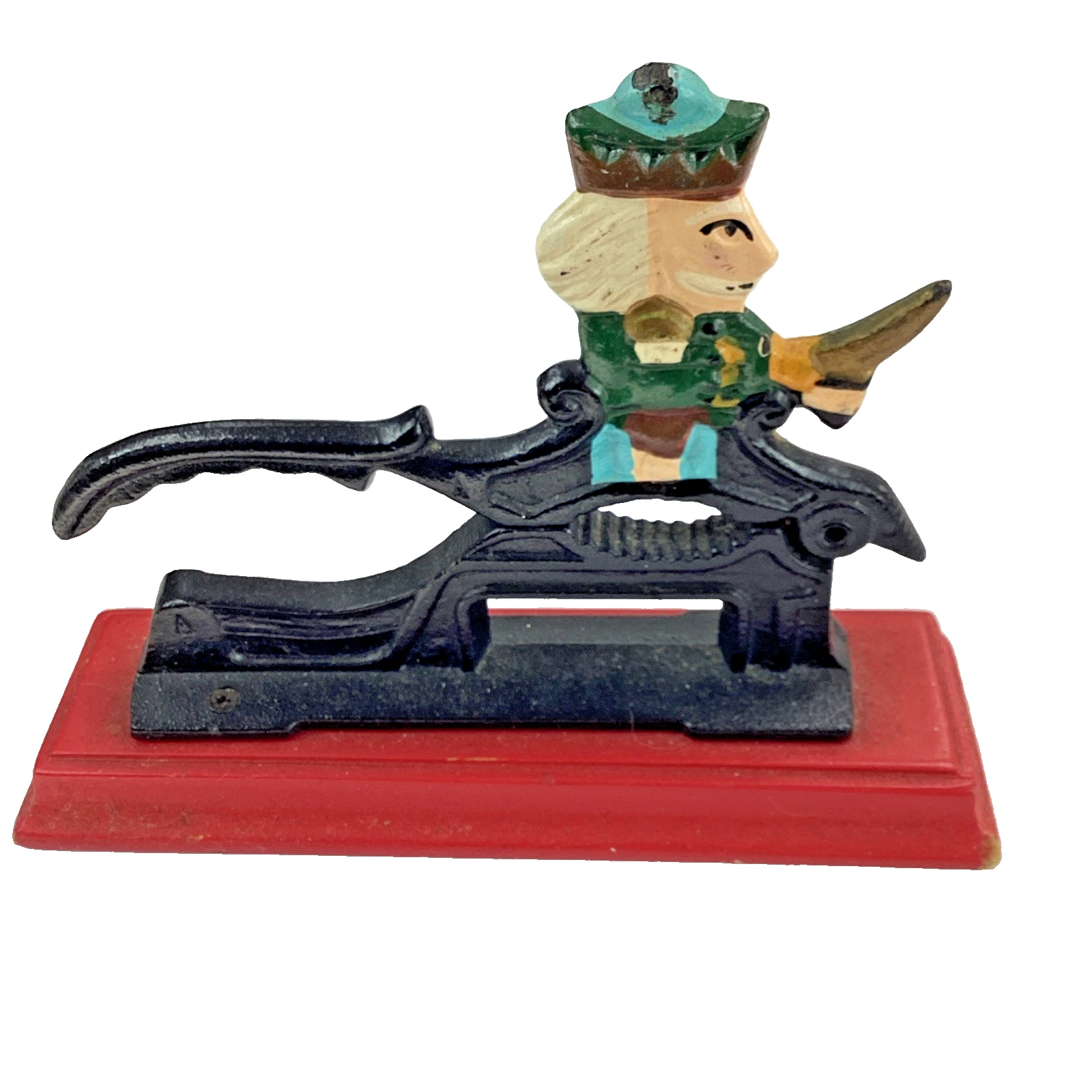 Vintage Cast Iron Huntsman Nutcracker Figural Lever Red Wood Base Robin Hood