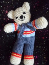 Hand Knitted Happy Smile Teddy Bear Cuddly Blue Mix 10" Present Gift Birthday