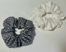 Pack Of 2 Handmade Cotton Medium Hair Scrunchies. White, Gray  White Polka Dot
