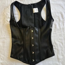 Black Faux Leather Corset Top with Front Hooks and Back Lace-up Small