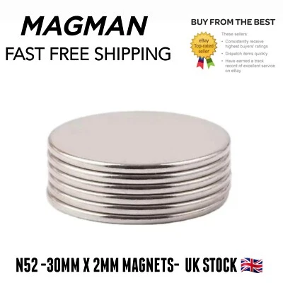 MAGMAN 30mm x 2mm approx Magnets Very Strong Round Thin Small N52 Grade Neodymium Disc